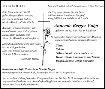 Anzeige von Annemie Berger-Voigt von Kölner Stadt-Anzeiger / Kölnische Rundschau / Express