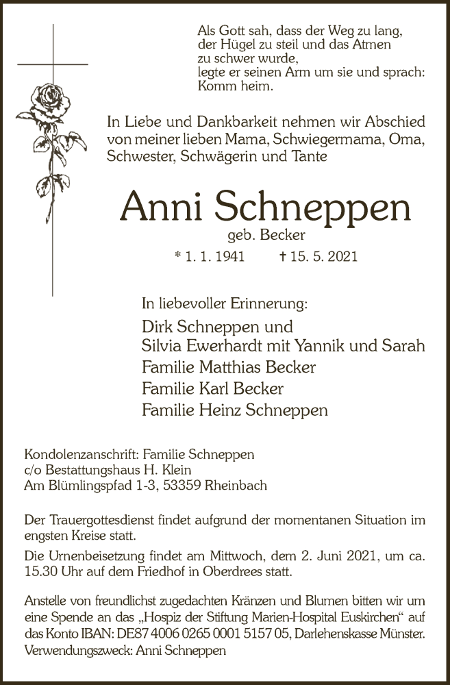  Traueranzeige für Anni Schneppen vom 28.05.2021 aus  Schaufenster/Blickpunkt 