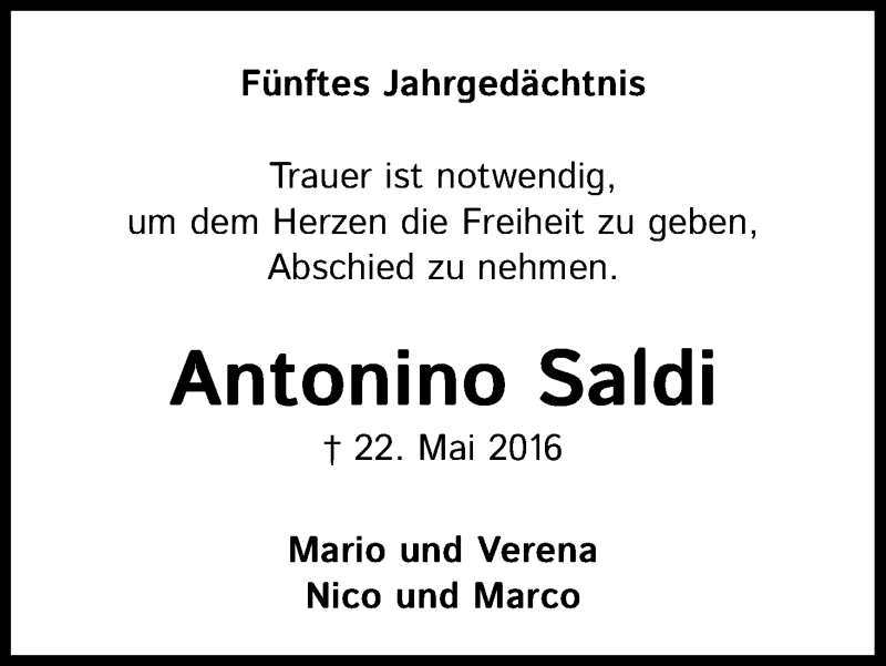  Traueranzeige für Antonino Saldi vom 22.05.2021 aus Kölner Stadt-Anzeiger / Kölnische Rundschau / Express