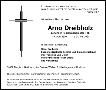 Anzeige von Arno Dreibholz von Kölner Stadt-Anzeiger / Kölnische Rundschau / Express