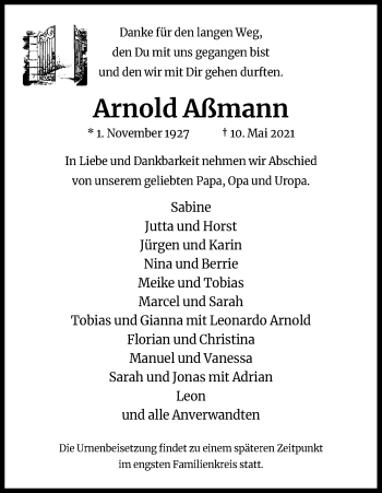 Anzeige von Arnold Aßmann von Kölner Stadt-Anzeiger / Kölnische Rundschau / Express
