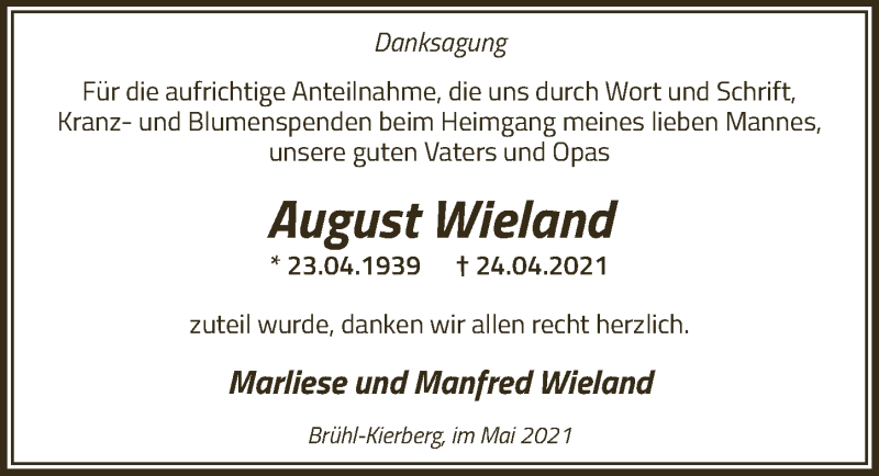  Traueranzeige für August Wieland vom 21.05.2021 aus  Schlossbote/Werbekurier 