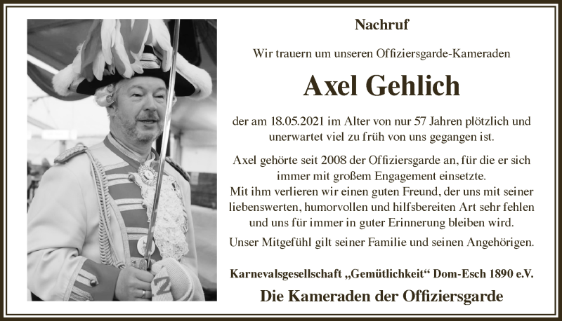  Traueranzeige für Axel Gehlich vom 29.05.2021 aus  Blickpunkt Euskirchen 