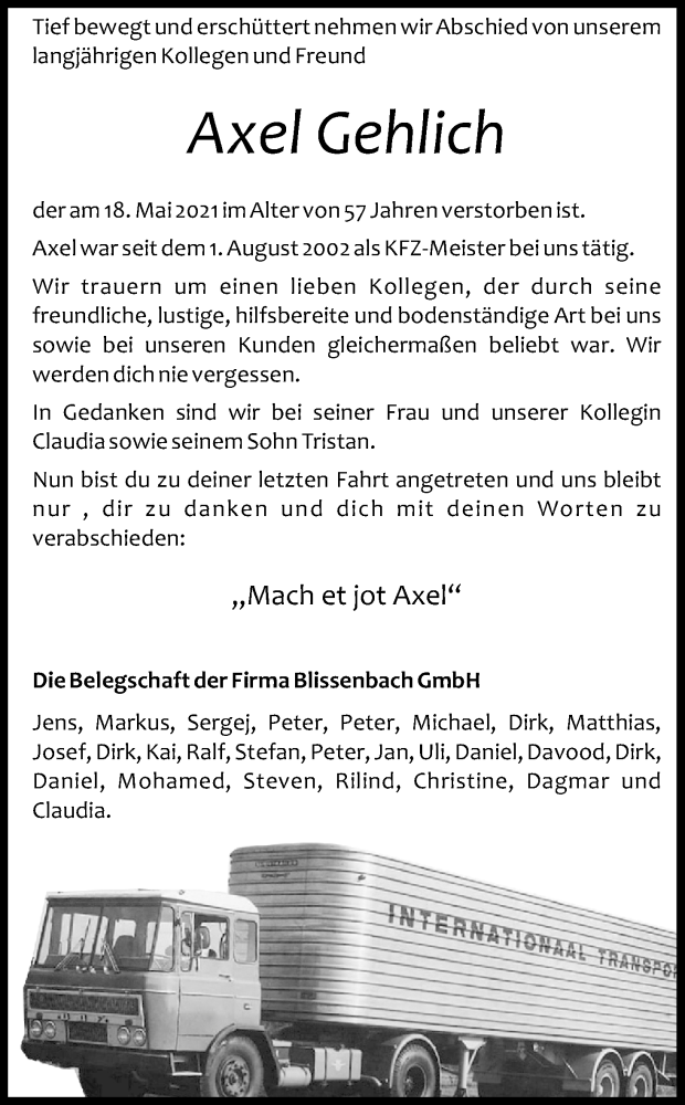  Traueranzeige für Axel Gehlich vom 22.05.2021 aus Kölner Stadt-Anzeiger / Kölnische Rundschau / Express