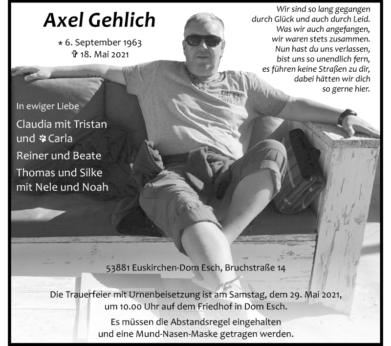  Traueranzeige für Axel Gehlich vom 22.05.2021 aus Kölner Stadt-Anzeiger / Kölnische Rundschau / Express
