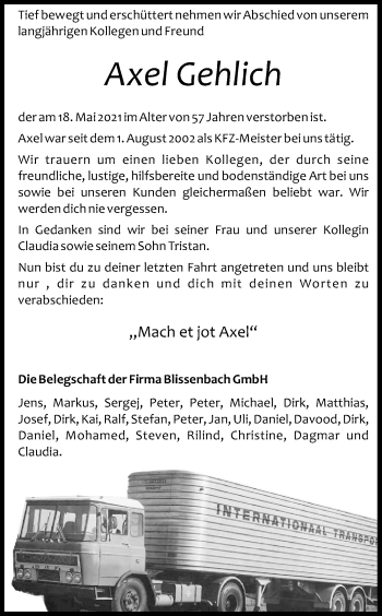 Anzeige von Axel Gehlich von Kölner Stadt-Anzeiger / Kölnische Rundschau / Express