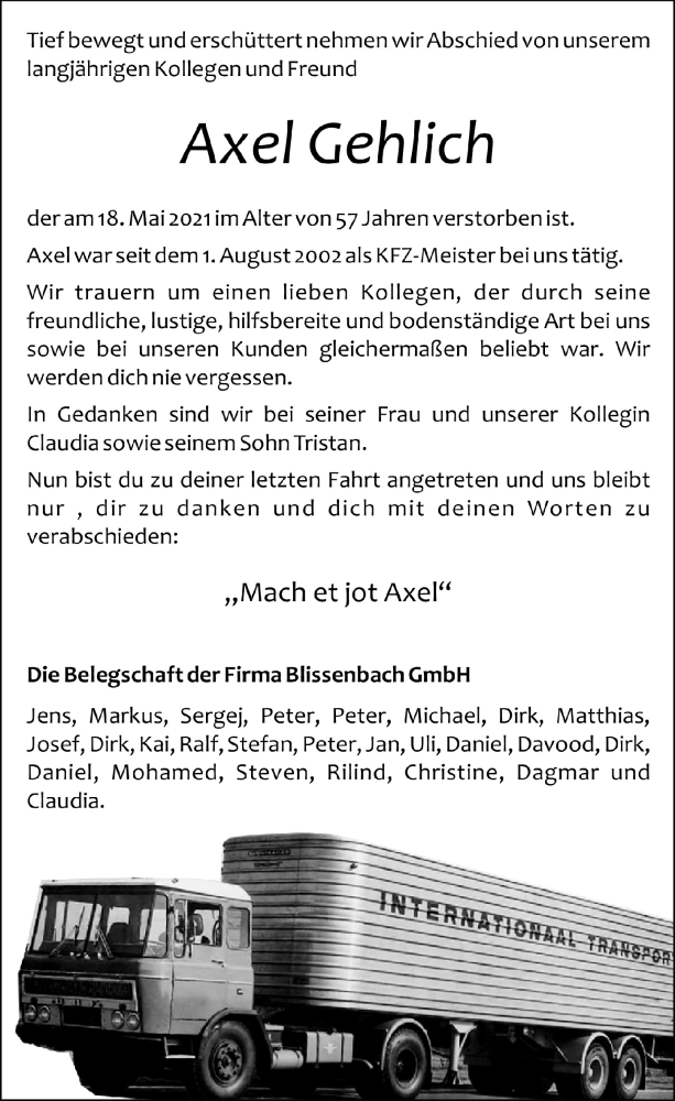  Traueranzeige für Axel Gehlich vom 29.05.2021 aus  Blickpunkt Euskirchen 