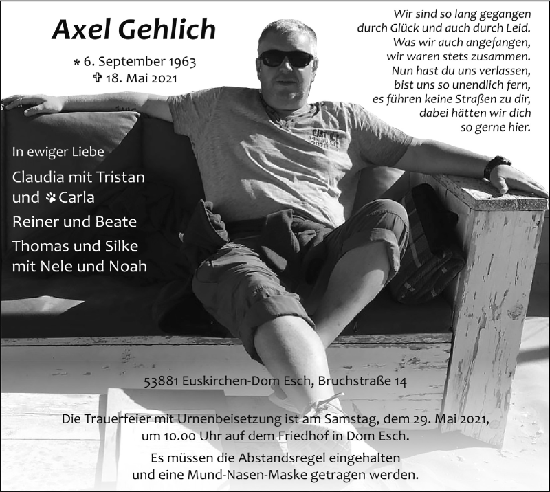  Traueranzeige für Axel Gehlich vom 22.05.2021 aus  Blickpunkt Euskirchen 