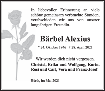 Anzeige von Bärbel Alexius von  Wochenende 