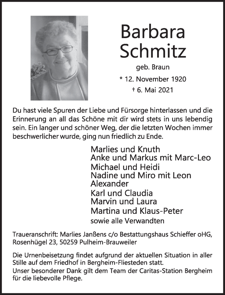  Traueranzeige für Barbara Schmitz vom 14.05.2021 aus  Werbepost 