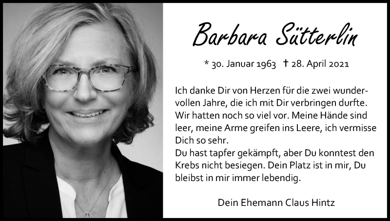  Traueranzeige für Barbara Sütterlin vom 12.05.2021 aus Kölner Stadt-Anzeiger / Kölnische Rundschau / Express
