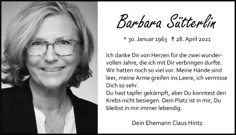  Traueranzeige für Barbara Sütterlin vom 14.05.2021 aus  Bergisches Handelsblatt 