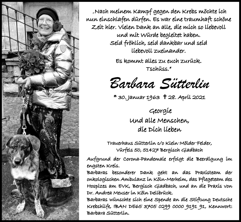  Traueranzeige für Barbara Sütterlin vom 15.05.2021 aus Kölner Stadt-Anzeiger / Kölnische Rundschau / Express