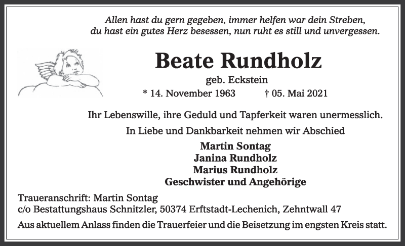  Traueranzeige für Beate Rundholz vom 14.05.2021 aus  Werbepost 