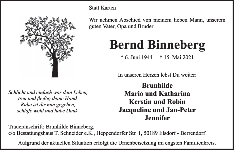  Traueranzeige für Bernd Binneberg vom 21.05.2021 aus  Werbepost 