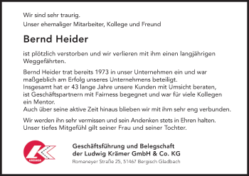 Anzeige von Bernd Heider von Kölner Stadt-Anzeiger / Kölnische Rundschau / Express