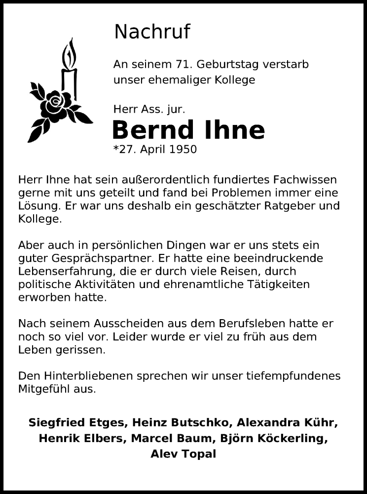  Traueranzeige für Bernd Ihne vom 15.05.2021 aus Kölner Stadt-Anzeiger / Kölnische Rundschau / Express