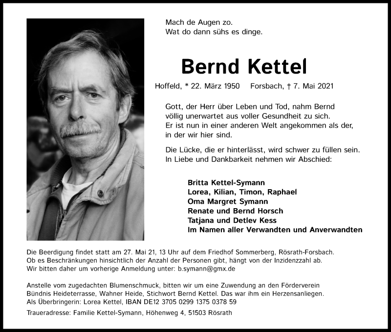  Traueranzeige für Bernd Kettel vom 22.05.2021 aus Kölner Stadt-Anzeiger / Kölnische Rundschau / Express