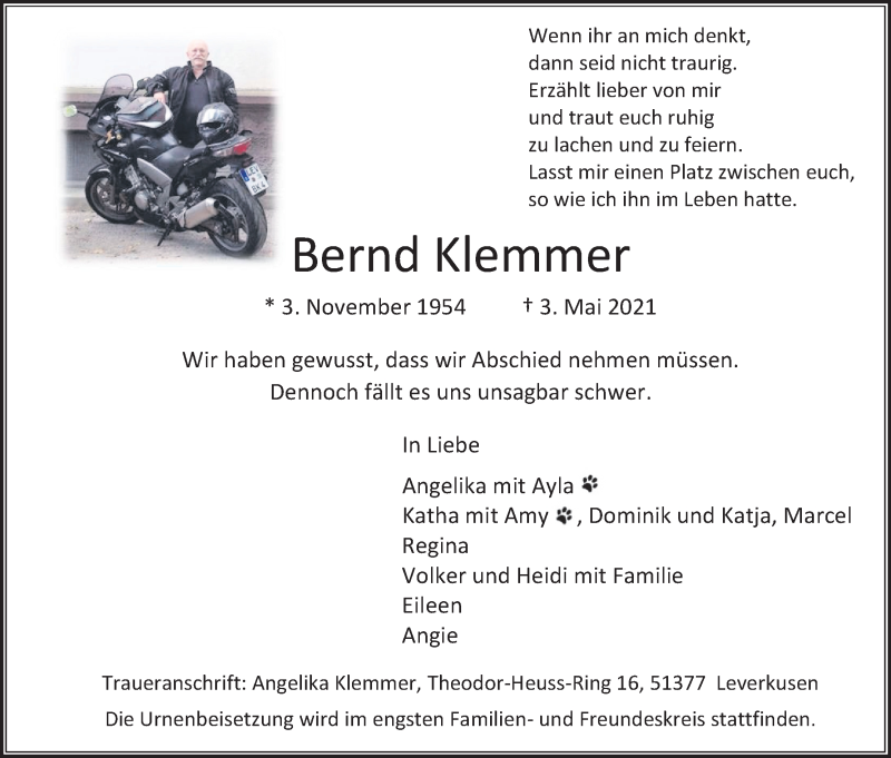  Traueranzeige für Bernd Klemmer vom 15.05.2021 aus Kölner Stadt-Anzeiger / Kölnische Rundschau / Express