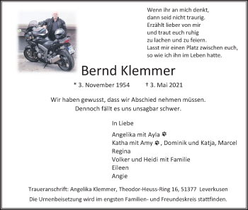 Anzeige von Bernd Klemmer von Kölner Stadt-Anzeiger / Kölnische Rundschau / Express
