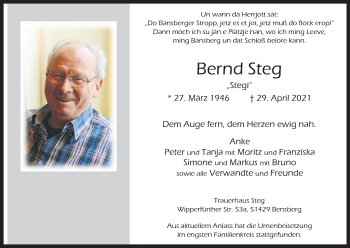 Anzeige von Bernd Steg von Kölner Stadt-Anzeiger / Kölnische Rundschau / Express