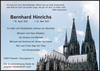 Anzeige von Bernhard Hinrichs von Kölner Stadt-Anzeiger / Kölnische Rundschau / Express