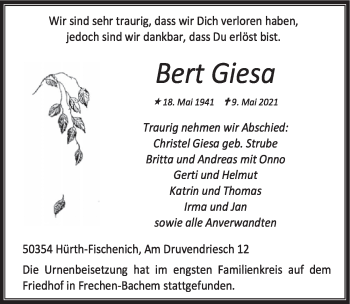 Anzeige von Bert Giesa von  Wochenende 
