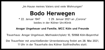 Anzeige von Bodo Herwegen von Kölner Stadt-Anzeiger / Kölnische Rundschau / Express