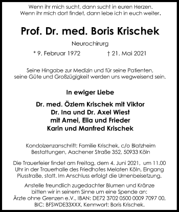 Anzeige von Borsiu Krischek von Kölner Stadt-Anzeiger / Kölnische Rundschau / Express