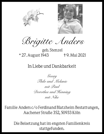 Anzeige von Brigitte Anders von Kölner Stadt-Anzeiger / Kölnische Rundschau / Express