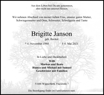 Anzeige von Brigitte Janson von Kölner Stadt-Anzeiger / Kölnische Rundschau / Express