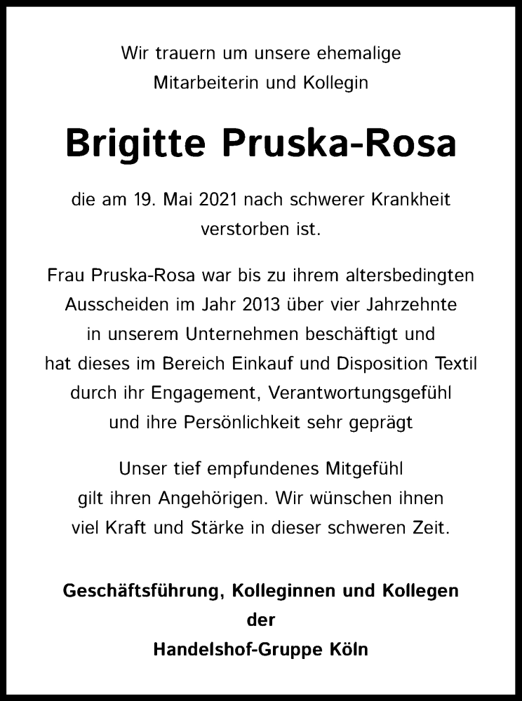  Traueranzeige für Brigitte Pruska-Rosa vom 29.05.2021 aus Kölner Stadt-Anzeiger / Kölnische Rundschau / Express
