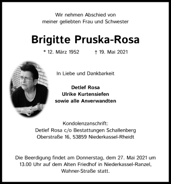 Anzeige von Brigitte Pruska-Rosa von Kölner Stadt-Anzeiger / Kölnische Rundschau / Express