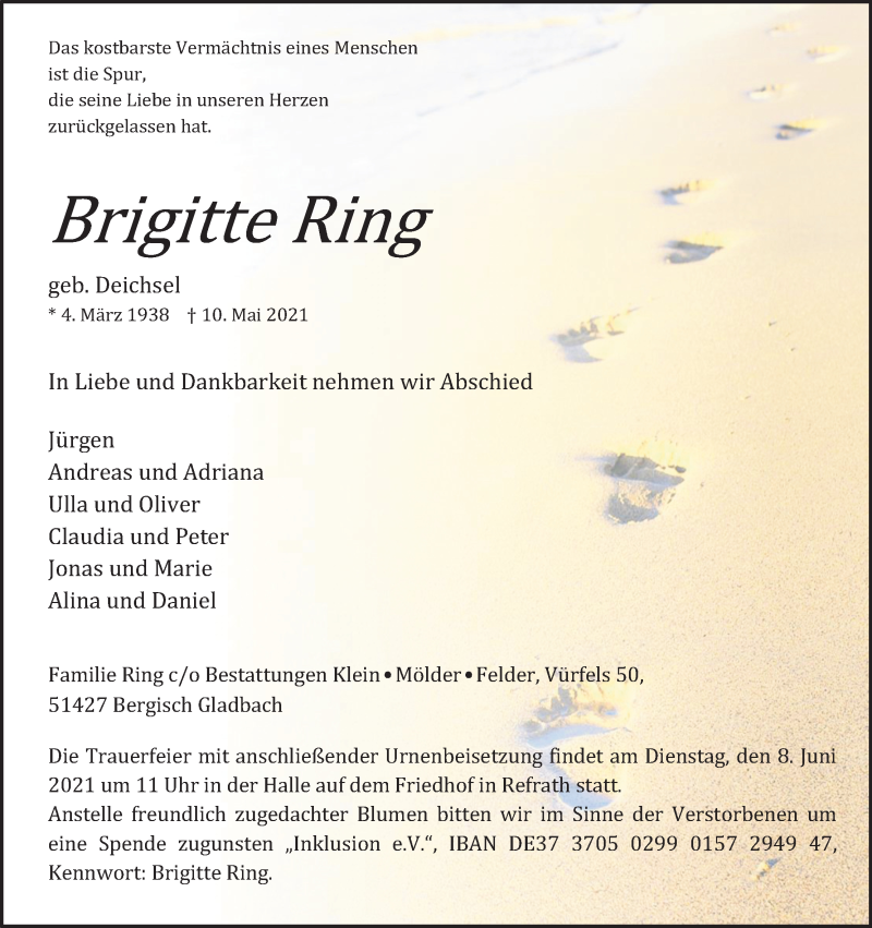  Traueranzeige für Brigitte Ring vom 29.05.2021 aus Kölner Stadt-Anzeiger / Kölnische Rundschau / Express