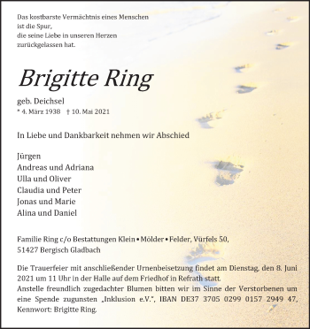 Anzeige von Brigitte Ring von Kölner Stadt-Anzeiger / Kölnische Rundschau / Express