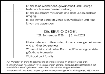 Anzeige von Bruno Degen von Kölner Stadt-Anzeiger / Kölnische Rundschau / Express