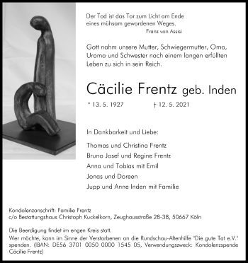 Anzeige von Cäcilie Frentz von Kölner Stadt-Anzeiger / Kölnische Rundschau / Express