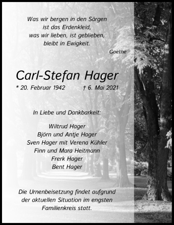 Anzeige von Carl-Stefan Hager von Kölner Stadt-Anzeiger / Kölnische Rundschau / Express