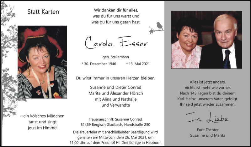  Traueranzeige für Carola Esser vom 21.05.2021 aus  Bergisches Handelsblatt 
