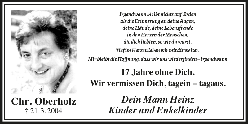  Traueranzeige für Chr Oberholz vom 20.03.2021 aus  Blickpunkt Euskirchen 