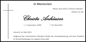 Anzeige von Christa Anhäuser von Kölner Stadt-Anzeiger / Kölnische Rundschau / Express