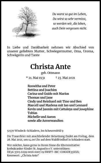 Anzeige von Christa Ante von Kölner Stadt-Anzeiger / Kölnische Rundschau / Express