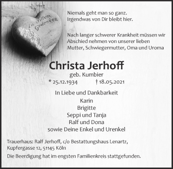 Anzeige von Christa Jerhoff von  Kölner Wochenspiegel 