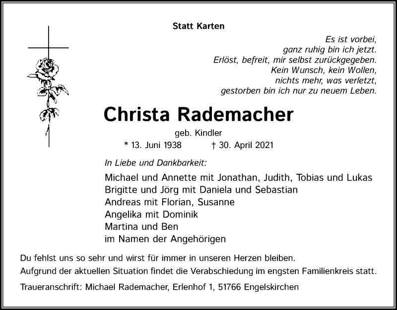  Traueranzeige für Christa Rademacher vom 15.05.2021 aus Kölner Stadt-Anzeiger / Kölnische Rundschau / Express