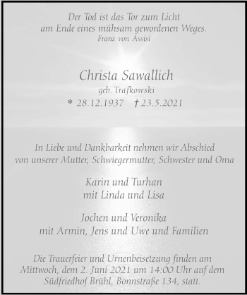 Anzeige von Christa Sawallich von  Schlossbote/Werbekurier 