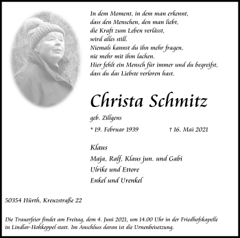 Anzeige von Christa Schmitz von Kölner Stadt-Anzeiger / Kölnische Rundschau / Express