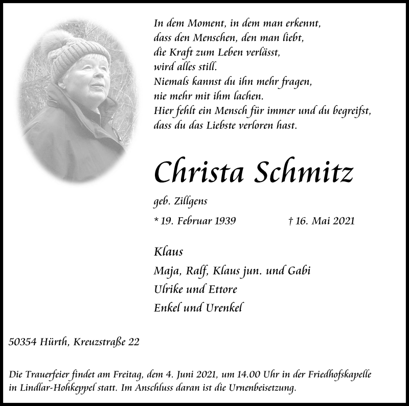  Traueranzeige für Christa Schmitz vom 29.05.2021 aus Kölner Stadt-Anzeiger / Kölnische Rundschau / Express