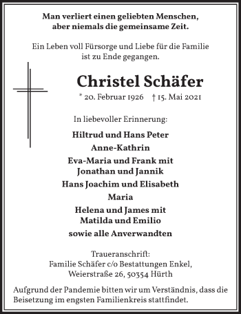 Anzeige von Christel Schäfer von  Wochenende 