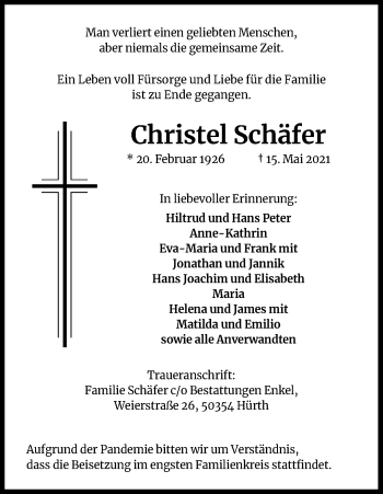 Anzeige von Christel Schäfer von Kölner Stadt-Anzeiger / Kölnische Rundschau / Express