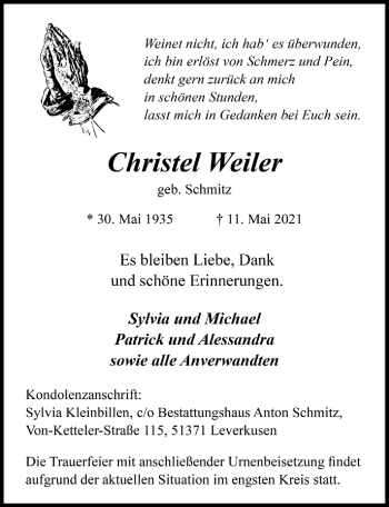 Anzeige von Christel Weiler von  Lokale Informationen 